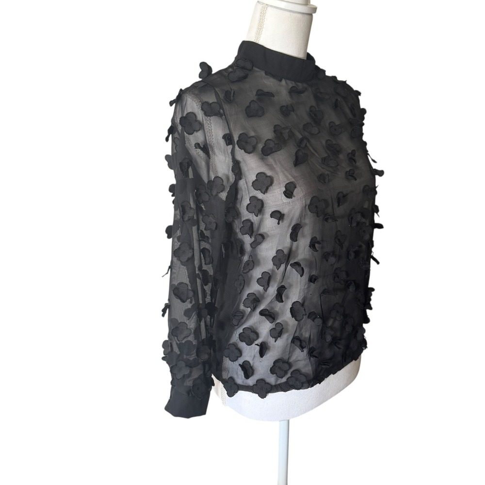 I Love Wen Le Black Sheer Mock Neck Blouse 3D Floral Applique Long Sleeve Size S - Picture 9 of 11